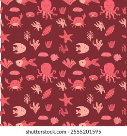 Seamless ocean creatures pattern with fish, octopus, crab, starfish, coral.