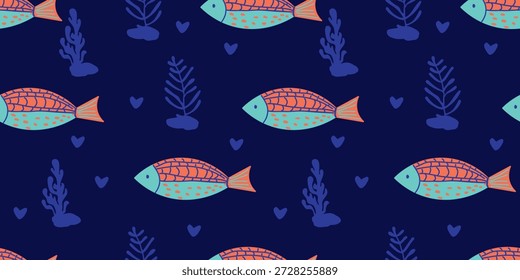 Patrón inconsútil de los pescados del océano con las plantas del mar en el fondo azul oscuro, textura marina del Vector de la fauna para la materia textil y el Fondo de pantalla