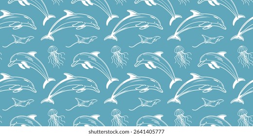 Seamless ocean life pattern with dolphins, jellyfish and rays. Hand drawn marine elements on blue background for fabric, packaging.