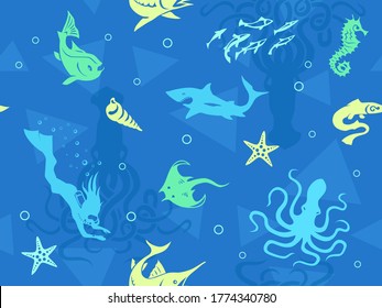 Seamless Ocean Life Pattern with Fishes, Octopus, Shells, swordfish, Shark silhouettes on blue 

background