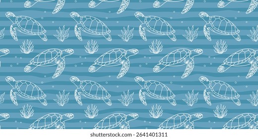 Seamless ocean life pattern with sea turtles and seaweed. Hand drawn marine elements on blue background for fabric, packaging.