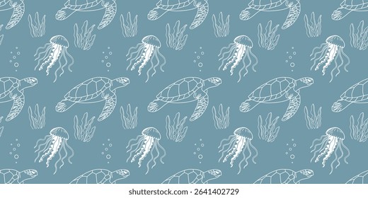 Seamless ocean life pattern with sea turtles, jellyfish and seaweed. Hand drawn marine elements on blue background for fabric, packaging.