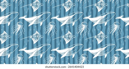 Seamless ocean life pattern with whales, jellyfish and rays. Hand drawn marine elements on blue background for fabric, packaging.