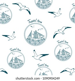 Seamless ocean line art pattern with ship on waves in a rope frame and with gulls.