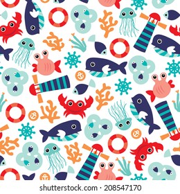 Seamless ocean marine theme jelly fish and coral illustration background pattern in vector