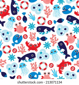 Seamless ocean marine theme jelly fish and coral illustration background pattern in vector