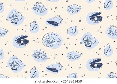 Seamless ocean pattern with blue seashells, conchs, coral flowers and waves marine-inspired repeat design for fabric, packaging, and summer themes.