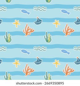Nahtloses Ozeanmuster mit Booten, Fischen, Korallen und Wellen in pastellblauen Tönen. Perfekt für Kinderdesign, Stoff, Tapeten, Packpapier und Sommerprojekte.