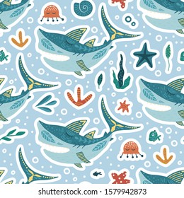 Seamless Ocean Seamless Pattern. Cute Cartoon Vector Shark Illustration. Happy summer Kid Design. Marine Life.