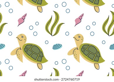 Nahtloses Ozeanmuster im niedlichen Kinderstil, Vektorgrafik mit flachem Cartoon. Unterwasserschildkröten, Algen, Muscheln und Blasen für Kinderzimmer Dekor, Textilien, Tapeten und Sommer Hintergründe