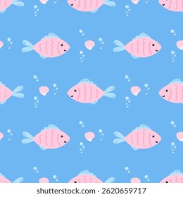 Seamless ocean pattern with cute fish, seashells, and bubbles in a pastel palette. Kawaii vector design perfect for baby textiles, nursery wallpaper, and summer wrapping paper