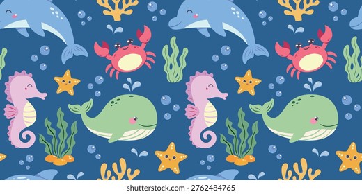 Seamless ocean pattern with cute sea animals on a deep blue background. Features whale, dolphin, crab, seahorse, starfish, coral, sea plants and bubbles