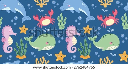 Seamless ocean pattern with cute sea animals on a deep blue background. Features whale, dolphin, crab, seahorse, starfish, coral, sea plants and bubbles