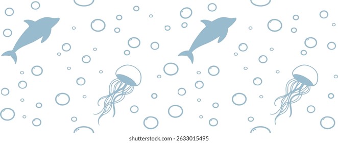 Seamless ocean pattern with dolphins, jellyfish, and bubbles in soft blue. Minimal underwater illustration for marine-themed designs. Perfect for fabric, wallpaper, and kids'
