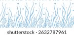 Seamless ocean pattern with hand-drawn seaweed, coral, and bubbles in blue line art on white background. Perfect for aquatic themes, marine projects, and underwater design concepts.

