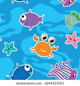 Seamless ocean pattern with smiling sea creatures: fish, crab, starfish, jellyfish. Perfect for kids' products, fabric, wrapping paper, or underwater-themed designs.

