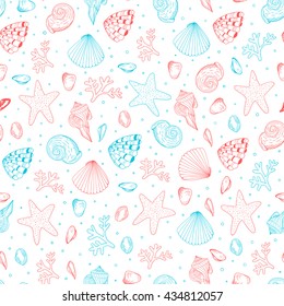 Seamless ocean pattern. Vector pattern with shells.