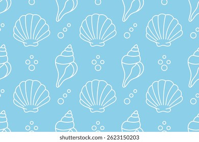 Seamless ocean pattern with white shells and bubbles on pastel blue background. Ideal for summer textiles and beach-themed designs.

