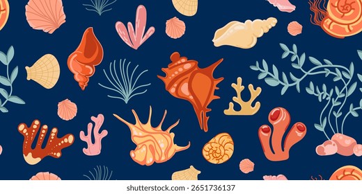 Seamless ocean themed pattern featuring seashells, coral marine plants in vibrant colors on a dark blue background, summer textiles, beach products, wrapping paper,nautical designs.Vector illustration