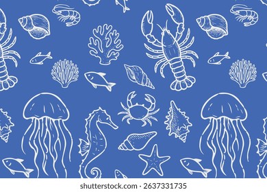 Seamless ocean themed pattern with hand-drawn jellyfish, crabs, lobsters, seahorses, corals, and fish in white on a vivid blue background. Perfect for summer and beach designs. Vector illustration