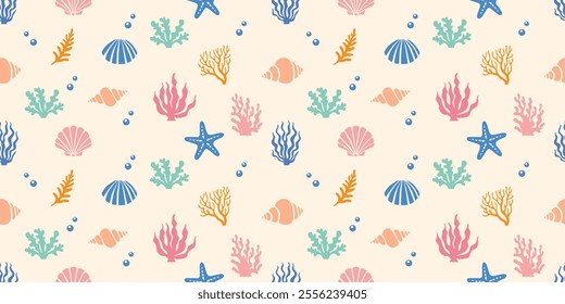 Seamless oceanic with seashells algae and corals.vector art