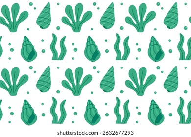Seamless ocean-inspired pattern with green seaweed and stylized water drops on a clean white background