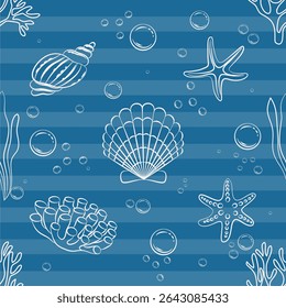  Seamless ocean-themed pattern with hand-drawn seashells, coral, bubbles, and marine life on a striped background. Perfect for kids and summer decor.