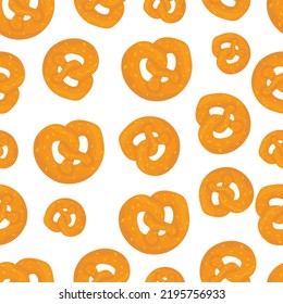 Seamless Octoberfest pattern with pretzels for wallpaper, wrapping paper, printing on textile fabric, beer store design. Summer holidays, food and drink. Decorative colorful vector background. Hand-dr