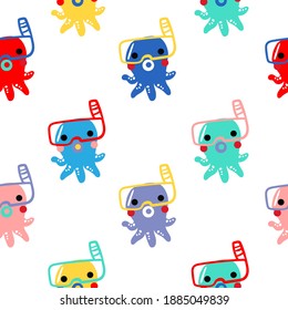 Seamless octopus kid vector . Seamless pattern. Repeating texture. Fabric print summer seasonal design. Vector illustration For wallpapers White background.