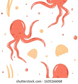 Seamless octopus patter. Ocean and sea background. Vector texture. Illustration for menu, catalog, restaurant, cartoon, game, kitchen, textile, decor.