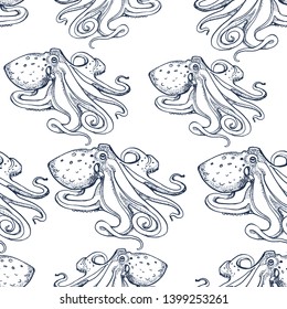 seamless octopus pattern ,hand drawing, isolated on white background vector