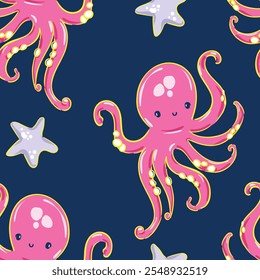 Seamless Octopus and Starfish Pattern Cute Kids Print Design Hand Drawn 