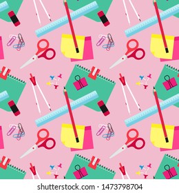 Seamless office or school stationery tools vector pattern. Back to school pink background. Cute kids pattern