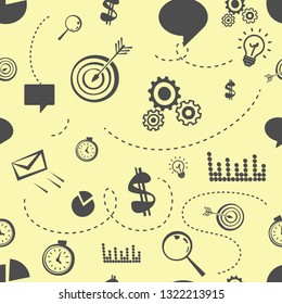 Seamless Office Stuff Pattern. Speech Bubble, Aim With Arrow, Cogwheels, Stopwatch, Lightbulb, Envelope, Dollar Sign, Graph, Magnifier Doodle Gray Outline Vector Illustration On Yellow Background .