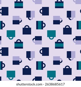 Seamless office suitcase pattern. Print for wrapping paper designs for unique packaging in a trendy color scheme with purple and blue. Suitcases, travel luggage, containers, boxes. Vector, EPS 10.