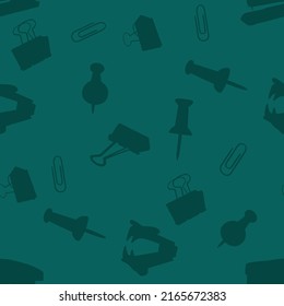 Seamless office supplies background pattern that can be tiled in vector format. Stationery includes paperclips, pushpins, stapler and butterfly clips.