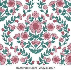 Seamless ogee damask medallion block floral flower repeat vector pattern 