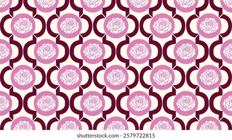 A seamless ogee-style pattern featuring elegant pink roses enclosed within geometric circular frames. The combination of floral elements and structured shapes creates a stylish, vintage-inspired look.