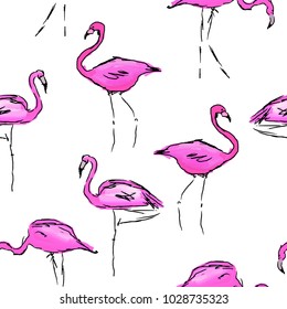 Seamless Oil painting vector pattern with flamingo birds. Fashion jungle print for design.