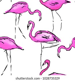 Seamless Oil painting vector pattern with flamingo birds. Fashion jungle print for design.
