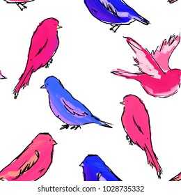 Seamless Oil painting vector pattern with birds. Fashion print for design.