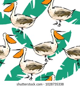 Seamless Oil painting vector pattern with pelican birds and palm leaves. Fashion jungle print for design.