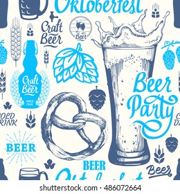 Seamless Oktoberfest background in sketch style. Vector Illustration with pub pattern. Multicolor decor. Different types of beer, cider and snack for your packing design.