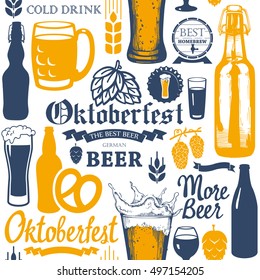 Seamless Oktoberfest background in sketch style. Vector Illustration with pub pattern. Multicolor decor. Different types of beer, cider and snack for your packing design.