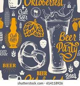 Seamless Oktoberfest background in sketch style. Vector Illustration with pub pattern. Multicolor decor. Different types of beer, cider and snack for your packing design.