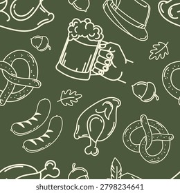 Seamless Oktoberfest pattern with beer mug, pretzel, sausage, roast chicken, hat, acorn and oak leaf illustrations on green background, branding and festive designs. Vector illustration