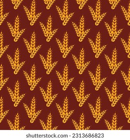 Seamless Oktoberfest pattern with ears of wheat on brown background. Octoberfest traditional texture. Bavarian diamond wallpaper prints. Vector illustration
