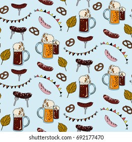 Seamless Oktoberfest pattern on blue background. Oktoberfest card design, menu, invitation, oktoberfest design for advertising, poster, oktoberfest banner, art, beer menu, flyer, tshirt, print.