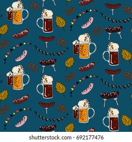 Seamless Oktoberfest pattern on dark background. Oktoberfest card design, menu, invitation, oktoberfest design for advertising, poster, oktoberfest banner, art, beer menu, flyer, tshirt, print.