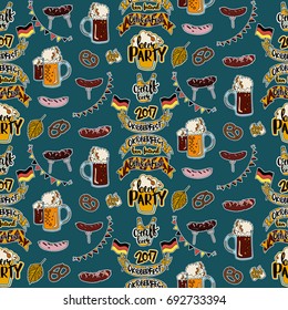 Seamless Oktoberfest pattern on dark background. Oktoberfest card design, menu, invitation, oktoberfest design for advertising, poster, oktoberfest banner, art, beer menu, flyer, tshirt, print.